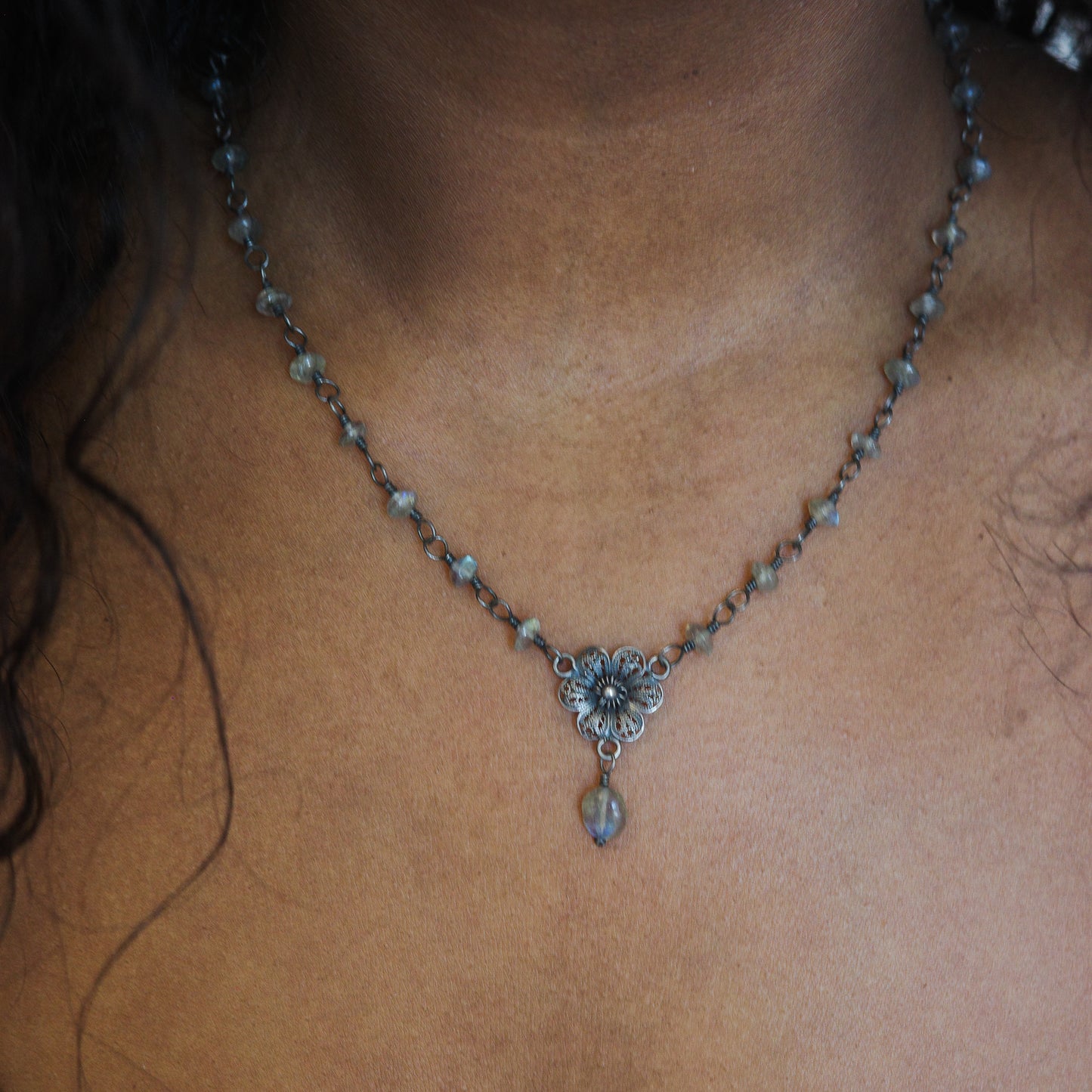 Art Deco flower necklace with moonstones