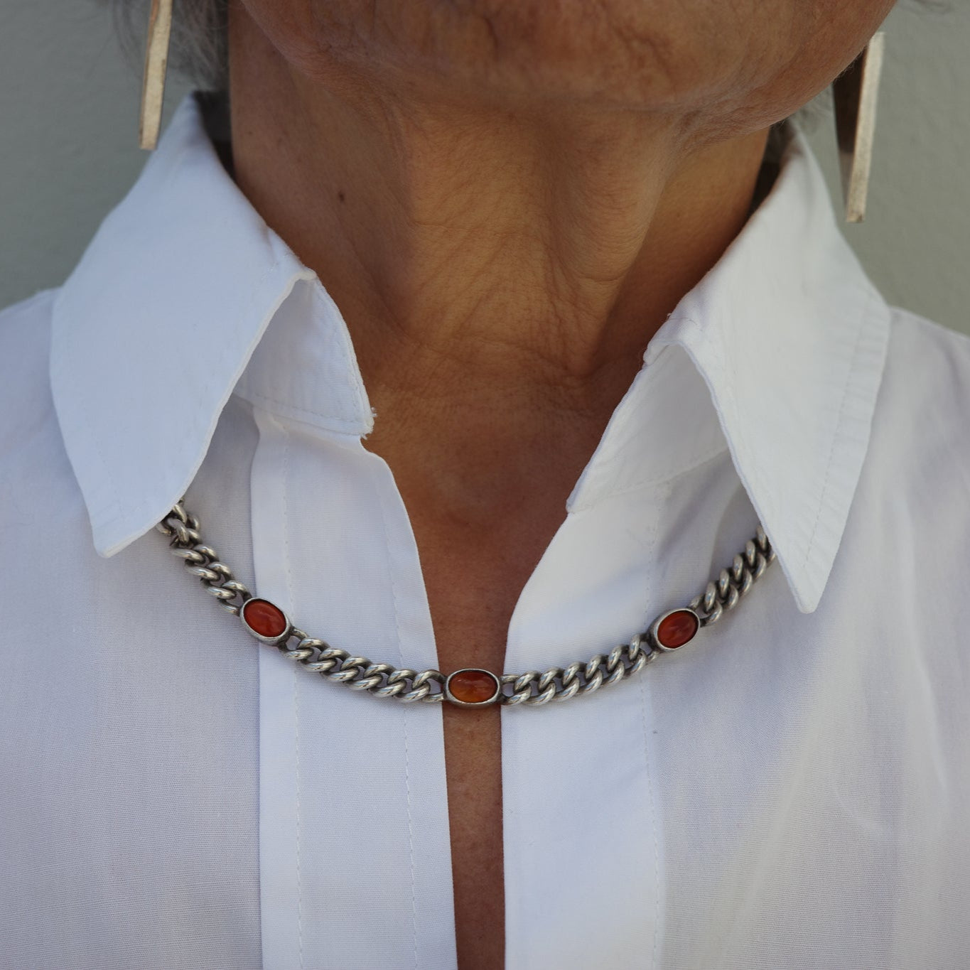 Hungarian curb link silver chain with three amber stones