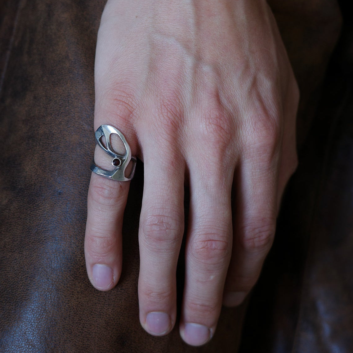 Brutalist wrap ring with garnet