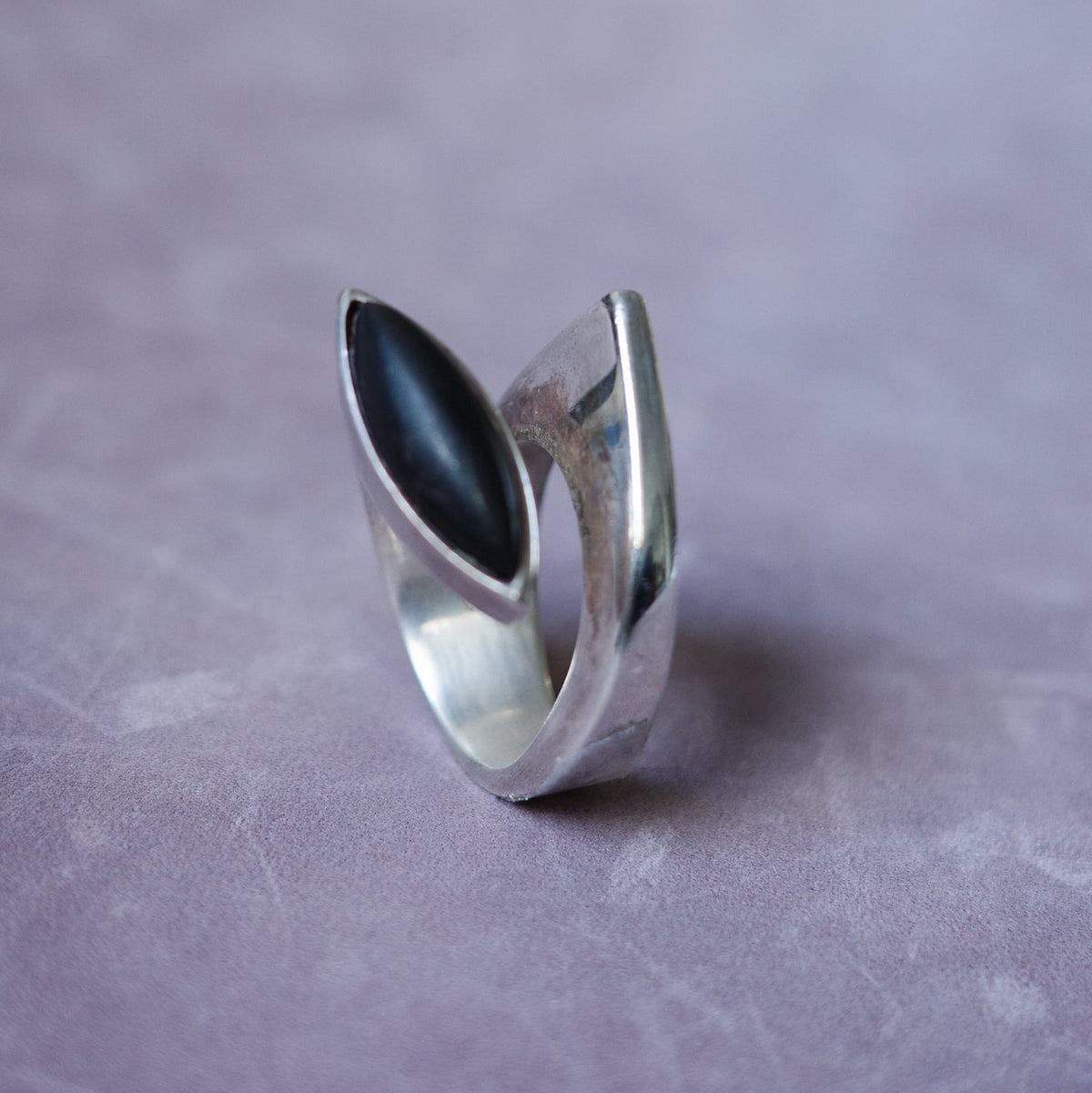 Sculptural modernist ring with obsidian